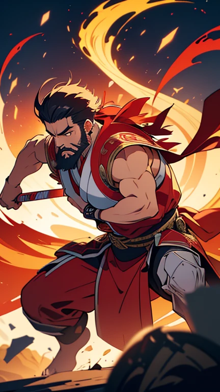 (optimal quality, masterpiece, ultra-detailed), inspired by the concept of "A Warrior" , (dynamic pose, dynamic camera angle, mid-shot), (1 warrior),(masculine, rugged, muscular), (beard and mustache),(shaved head, shiny bald), (armor:1.5+clothes), (weapon: sword or shield+axe or spear), (fiery or smoky:1.5) background, (dark or warm color scheme).