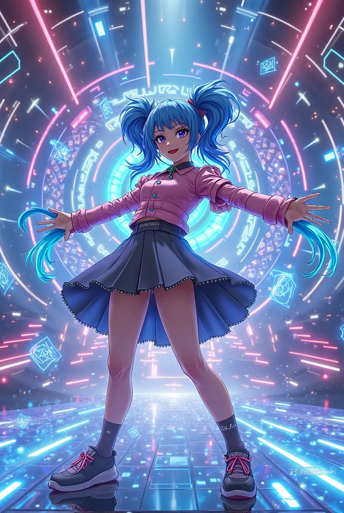 estilo anime, 3 discos de neon flutuantes em ambiente branco iluminado, em cima dos discos flutuantes, young punks dance, they wear transparent holographic mini dresses, Shoulders on Display, holographic futuristic glasses, Random ethnicity