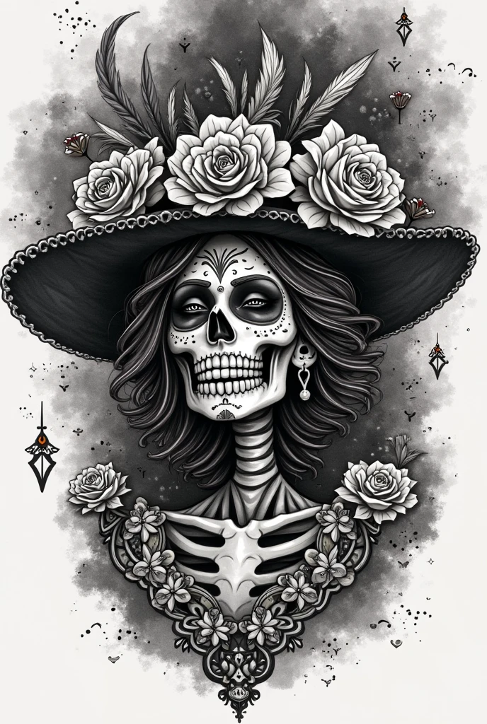 witch, old woman, expression marks, scary look, big mesmerizing eyes, macabre smile, scary smile -- breasts, neckline breasts -- waist, stylized belt, bone detail -- sinister pose, terrifying pose -- witch hat, skull detail, bones, skull necklace, amazing details -- pencil drawing, realistic, black and white, grayscale -- shadow light, backlit, professional finish -- normal perspective, high definition, highly detailed -- drawing on paper, tattoo design