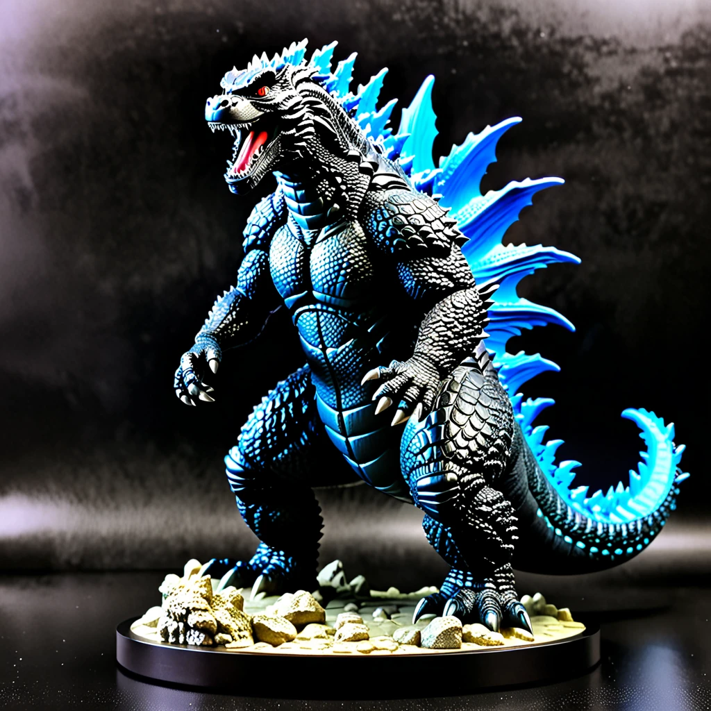 a toy figure of Godzilla from a japanese movie with the title "Godzilla"