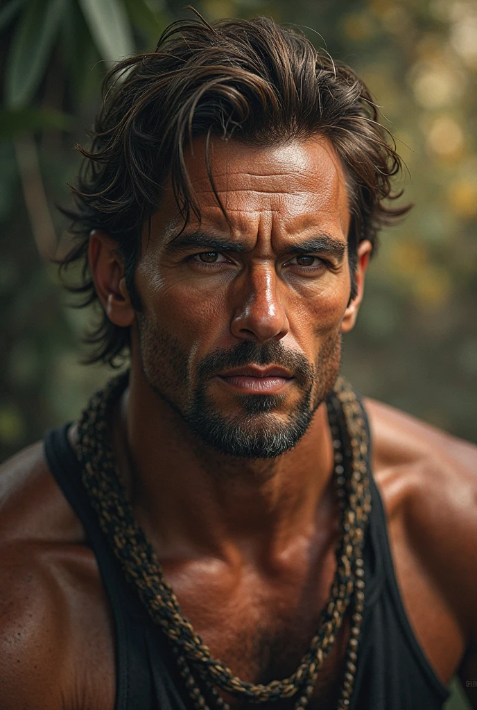 tanned, similar to Jorel's brother, like curly hair