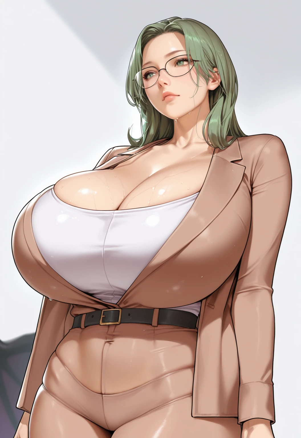 Meiko, 1girl, (((bimbo))), silver hair, ear rings, (((bimbo))), puffy lips, painted lips, thick lips, evil face,, wide hips, thick thighs, huge round ass, huge natural Hitomi Tanaka breasts, hanging breasts, mature woman, teacher, Brown jacket, panties, bra, nipples, zoom in breasts, bra pull, breasts grab