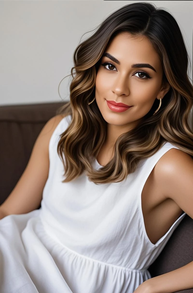 Close-Up, high key, (Karla Jaeger with a radiant smile, luminous eyes), soft studio light, (sitting on a plush velvet sofa, luxurious interior), (85mm lens, Hasselblad X1D II 50C, elegant details, professional, portrait photography, trending on Instagram), by Annie Leibovitz and Peter Lindbergh and Mario Testino