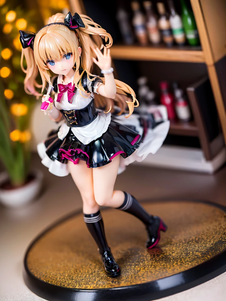 1girl, bangs, doll joints, realistic, porcelain, action figure, doll, pole, standing, wide hips, on table, full body, shiny skin,  <lora:Tohru:1>, 1girl, :d,cleavage, dragon girl, dragon horns, black dress, from side, horns, large breasts, large tail, long hair, looking at viewer, maid headdress, necktie, one eye closed, open mouth, red necktie, slit pupils, smile, solo,  tohru, twintails, black dress, maid outfit, green tail,