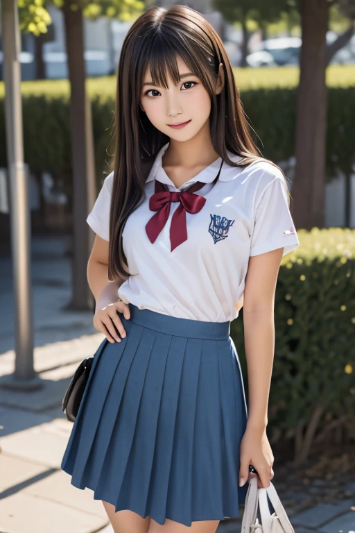 ((top-quality,8K,tmasterpiece:1.3)),Beautuful Women,1 girl in,sixteen years old、The idol-like face is cute:1.3,A slender :1.1,(Athletics uniforms:1.5), (Whole body :1.2), A smile,Small milk,Long bob hair ,Longhaire、bangss、Super Detailed Face,very detailed lips,The mouth is wide open,Detailed eyes,Charming eyes,二重まぶた、(Super cute face in the style of a Japan idol:1.2),Slender and sexy figure、