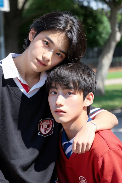 Two 15-year-old male teenage friends chatting at school His hair is violet and his skin is tanned brown Latin color, comparten un secreto de que son amigos casi como hermanos. (usar los mismo personajes)