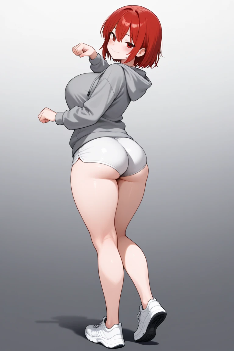 1 girl,curvy,(from below),short hair,bob cut,dark red hair,ligut blue eye,large breasts,beautiful ass,black hoodie,(bottomless),(embarrassed),ass focus,simple background