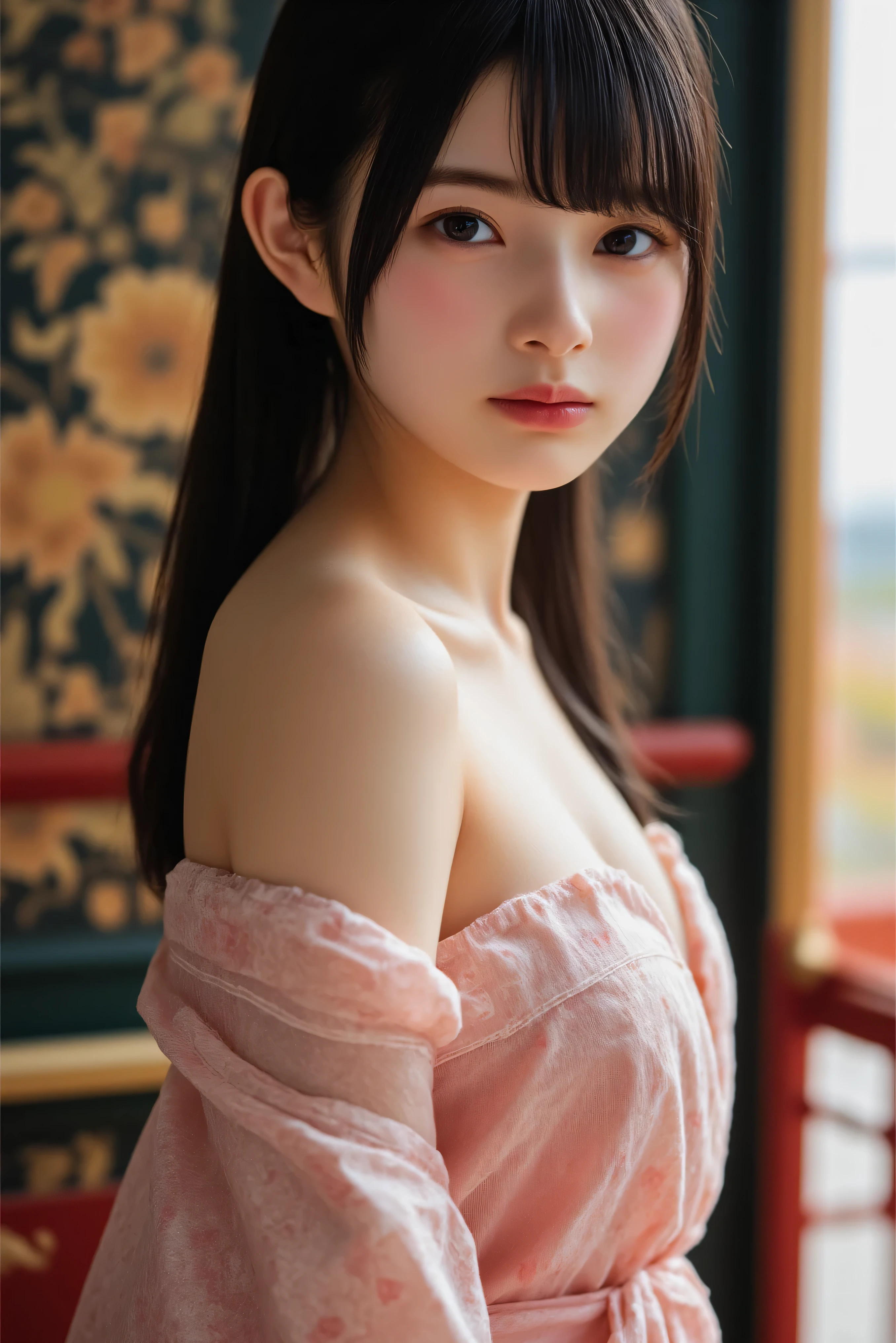(((HD photo))), ultra high res.photorealistic:. 1.4, UHD1 girl,beautiful detailed eyes,beautiful detailed lips,extremely detailed face,long eyelashes,medium:oil painting,soft lighting,impressionistic style,red colors,beautifully shalwar kameez dressed,wistful expression,standing with one hand on the window frame,gentle breeze blowing her hair,warm sunlight streaming through the window,green plants visible outside the window,soft curtains framing the girl,peaceful atmosphere,serene and tranquil ambiance