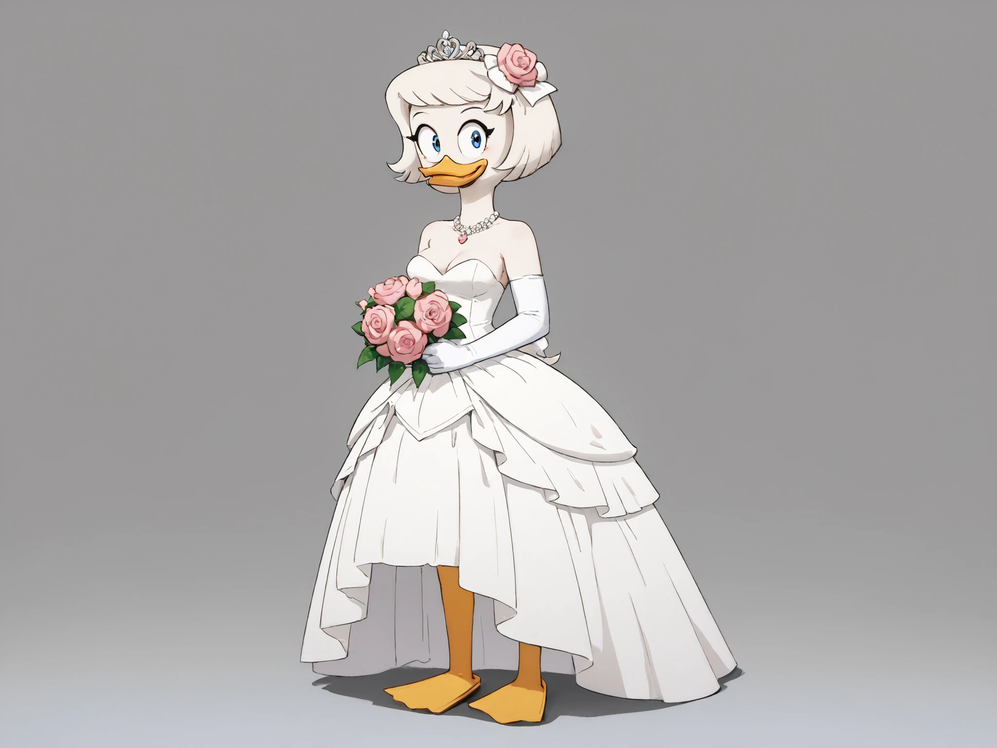 Webby_Vanderquack, pato zooantropomorfo, Chanel white hair, olhos negros, yellow duck beak , white body covered by feathers, peitos grandes, pernas amarelas, duck feet, bright pink wedding dress, standing, ultra detalhado, solid color background