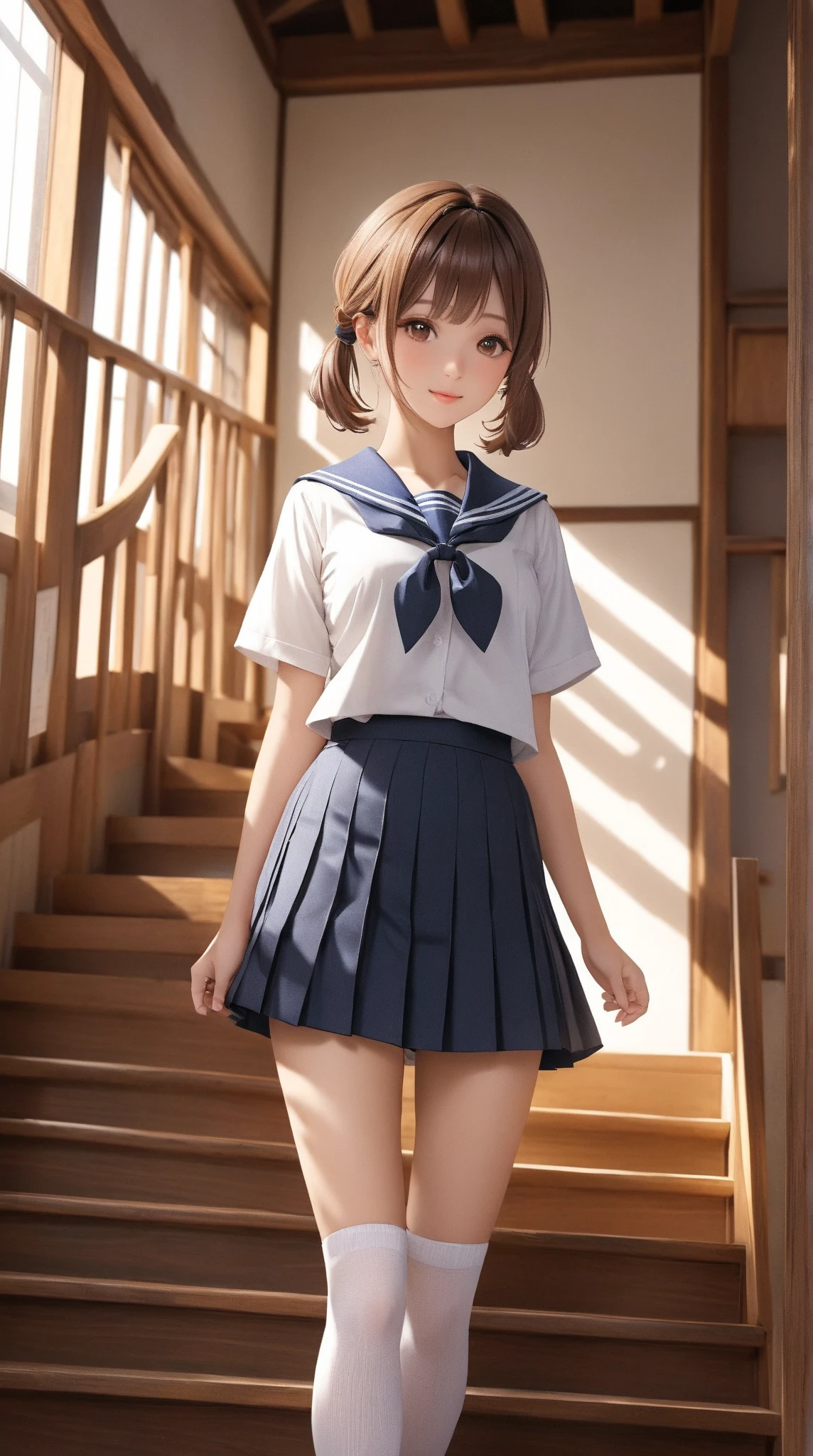 sailor suit、(Panty shot)、beautiful girl、brown hair bob、((whole body))、(((photo taken from below)))、school gate