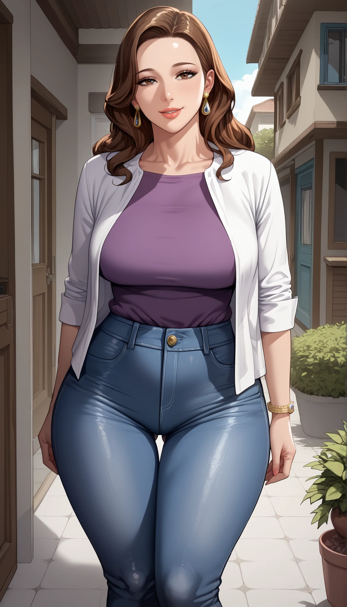 score_9, score_8, masterpiece, Anime Source _sexy brown hair, Low Ban, Housewife, Mature Woman, Mature Woman, wide hips, Big breasts, thigh, seductive smile, open shirt, tight jeans, very detailed, beautiful lips, cute face, Standing, front view, I can see up to my knees
