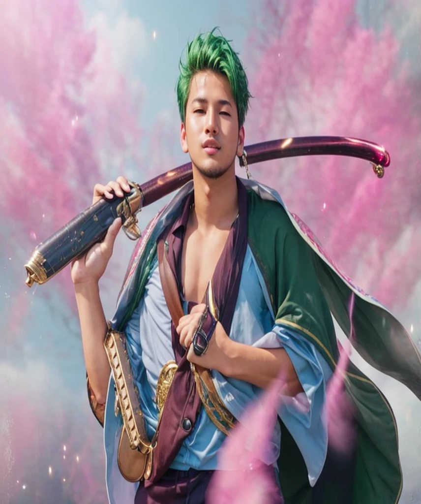 man, a half genie, Air , blue hair , Johnny Depp&#39;s face , standing in the woods, the flute 