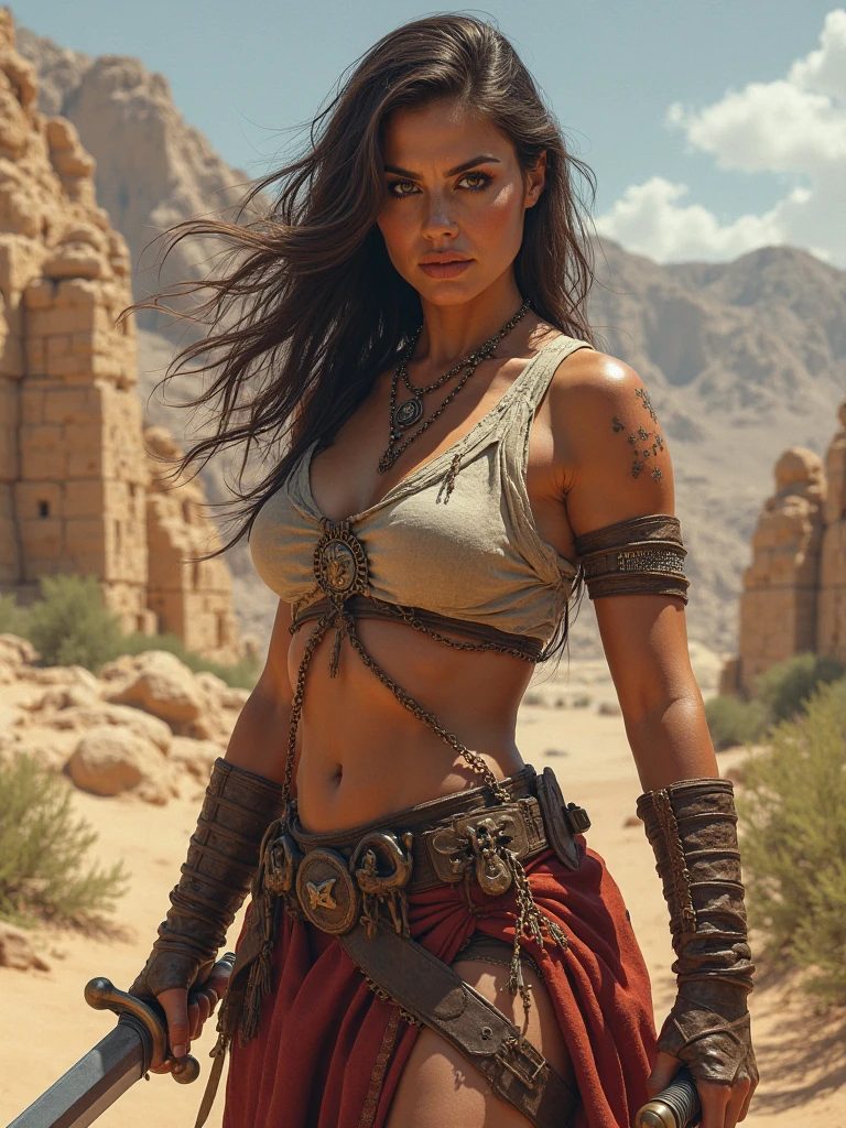 Transitioning to a desert landscape at sunset, a lone figure, a beautiful woman emerges wearing nomadic, medium breasts, post-apocalyptic clothing, fantasy barbarian, badass gothcore, Layers of tattered fabric, unconventional accessories, and a weathered look create an aura of survival and resilience.