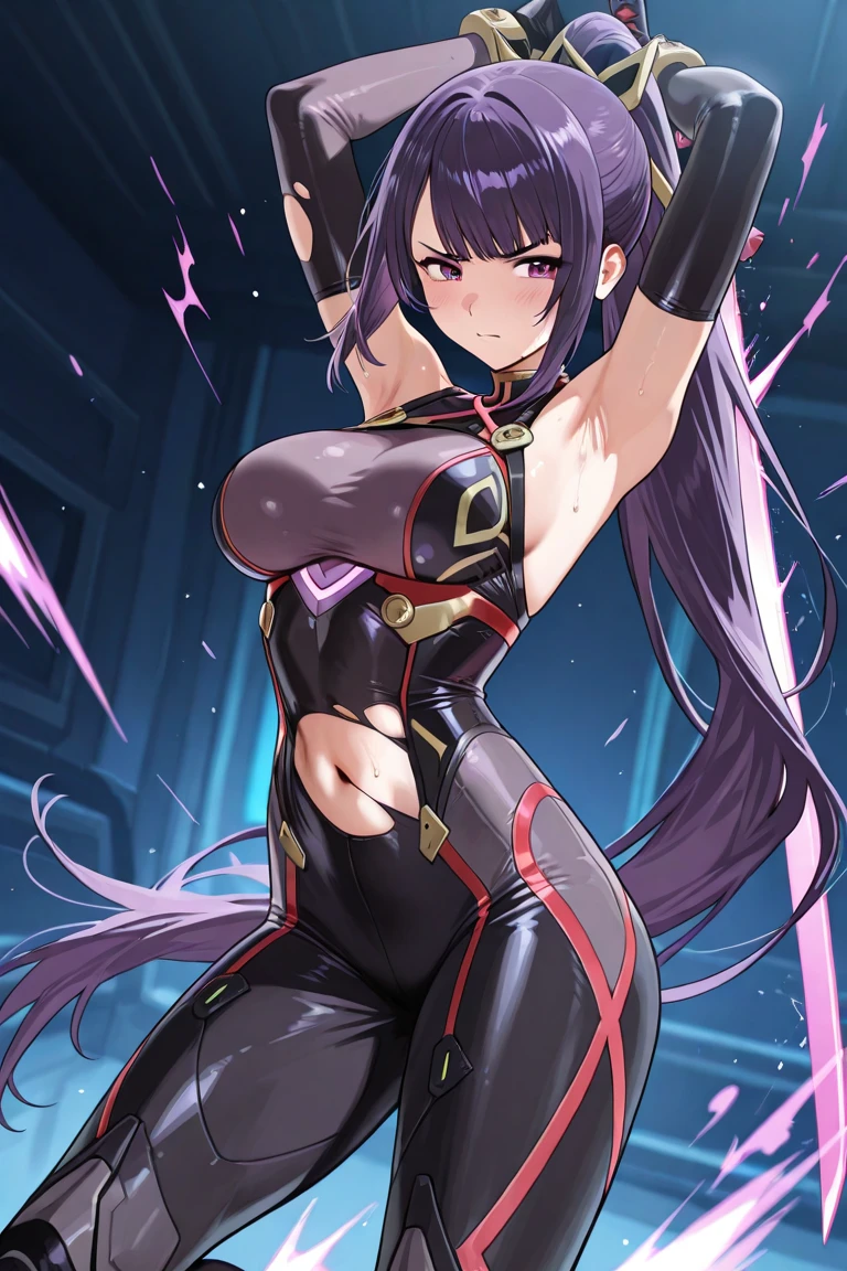 akeno himejima, highschool dxd, fair skin, long dark hair, violet eyes, ((detailed eyes:1.2)), large breasts, nsfw, wearing superhero costume, sexy, sensual, sleeveless, sideboob, underboob, masterpiece, top quality, best quality, official art, beautiful and aesthetic:1.2), extreme detailed, colorful, highest detailed