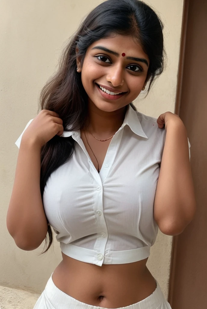 Cute indian 20 year old girl, wearing white shirt and black skirt, little chubby, face full of lust, semen on her face