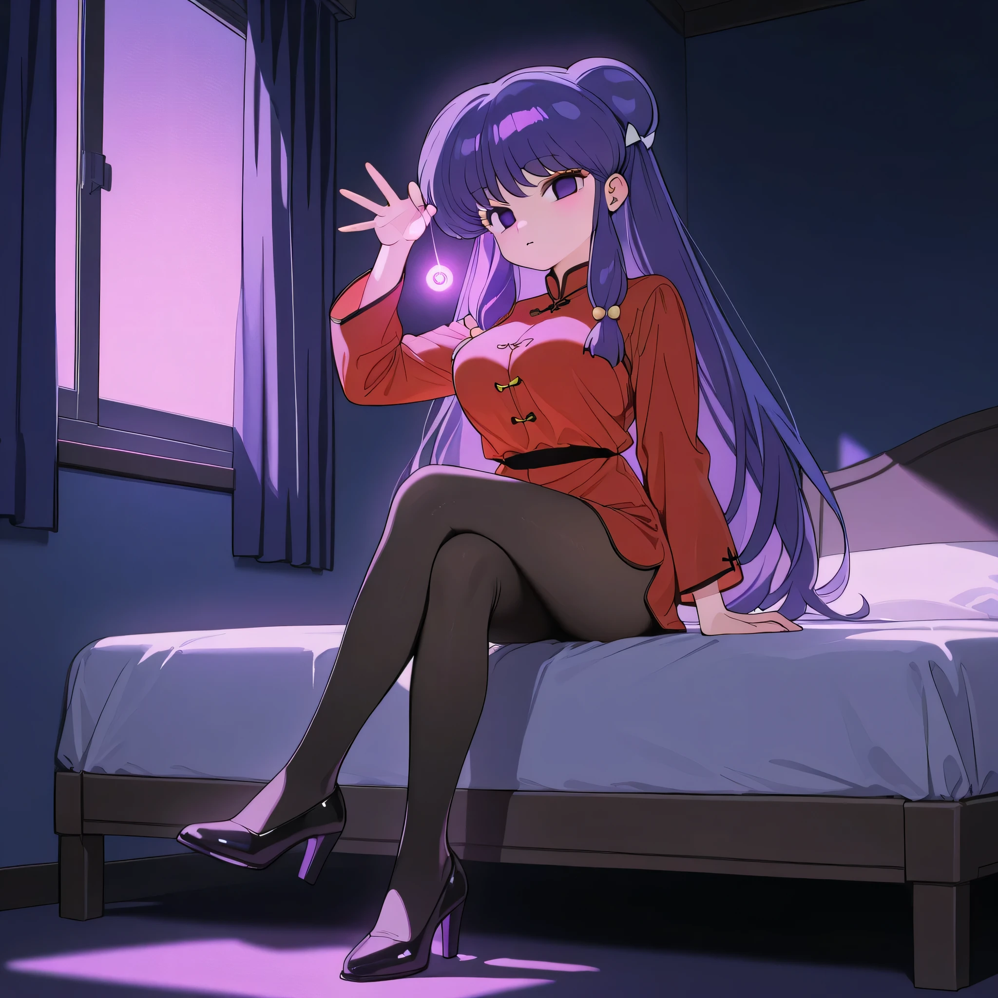 score_9, score_8_up, score_7_up, 1girl, solo, (top quality, 8k), high resolution, smooth, best quality, highly detailed, looking at viewer, bedroom at night, window with purple light, (dark room), ((from front)), large breasts, glowing hypnotic waves in the background, at night, ((perfect hands)), beautiful hands, ((slim fingers)), expressionless, masterpiece, high quality, absurd resolution, beautiful hands, arm raised up, holding pendulum, hypnotizing viewer, smiling, blush, smiling, drool, saliva trail, hypnotic eyes, glowing purple eyes, empty eyes, slave, chains, impossible clothing, tit curtain, black pantyhose, perky breasts, high heels, being hypnotized, full body shot, holding pendulum, jewelry, earrings, Shampoo, Ranma 1/2, purple hair, very long hair, hair bun, very thin legs, long legs, crossed legs, sitting in bed