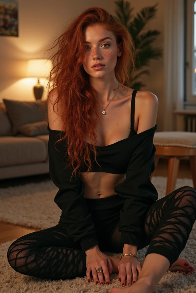 Ginger mit lockigen haaren und einem geilen versauten blick, hot, nichts an, sitzt auf dem bett