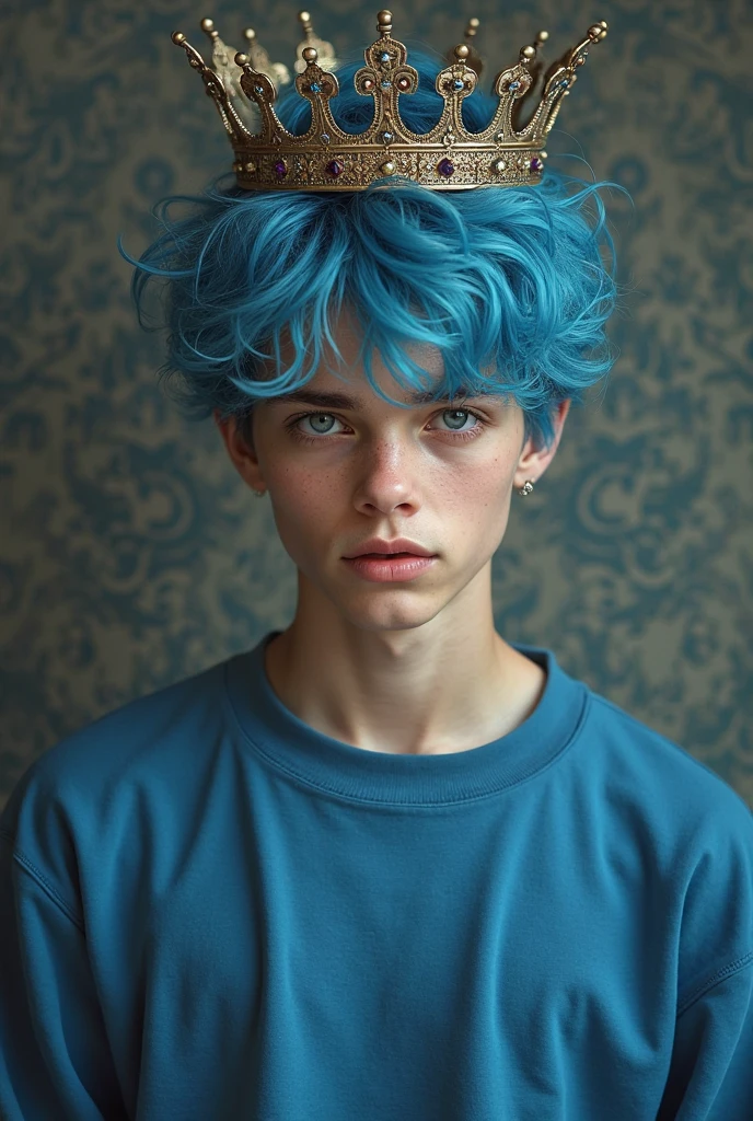 A boy that has blue hair that is fluffy and curly. His body is tiny and has no muscle. His skin is dark and his eyes are blue