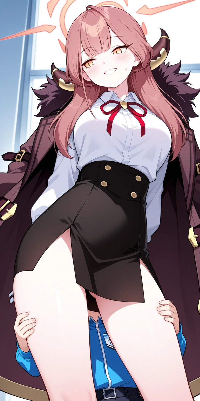 One, 1 girl, I look at the viewer, 2d, anime, anime coloring, whole body, (simple background, Solid white background:1.3), Lefia Virdis, bait, tape, skirt, smile, no pantite stockings