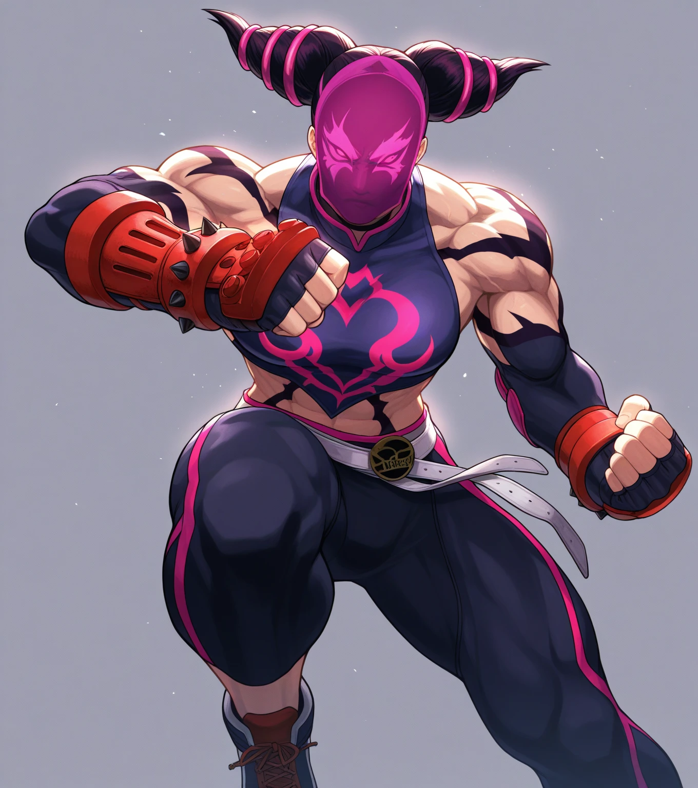 Blue and white stripes background,The character is a burly man,Wear a white sleeveless vest,Surrealistic pattern on vest,Dynamic Action,View from the abdomen,Exaggerated deformation,The overall picture highlights his well-developed shoulders and pectoralis major muscles,Light from above, Muscular,Upper Body,Wearing a black mask,Wearing a solid color hood,The hood has sharp horns like a cow.,Black mask,With a huge hood,Clothes show shoulders,Slightly sideways,The background is a card,