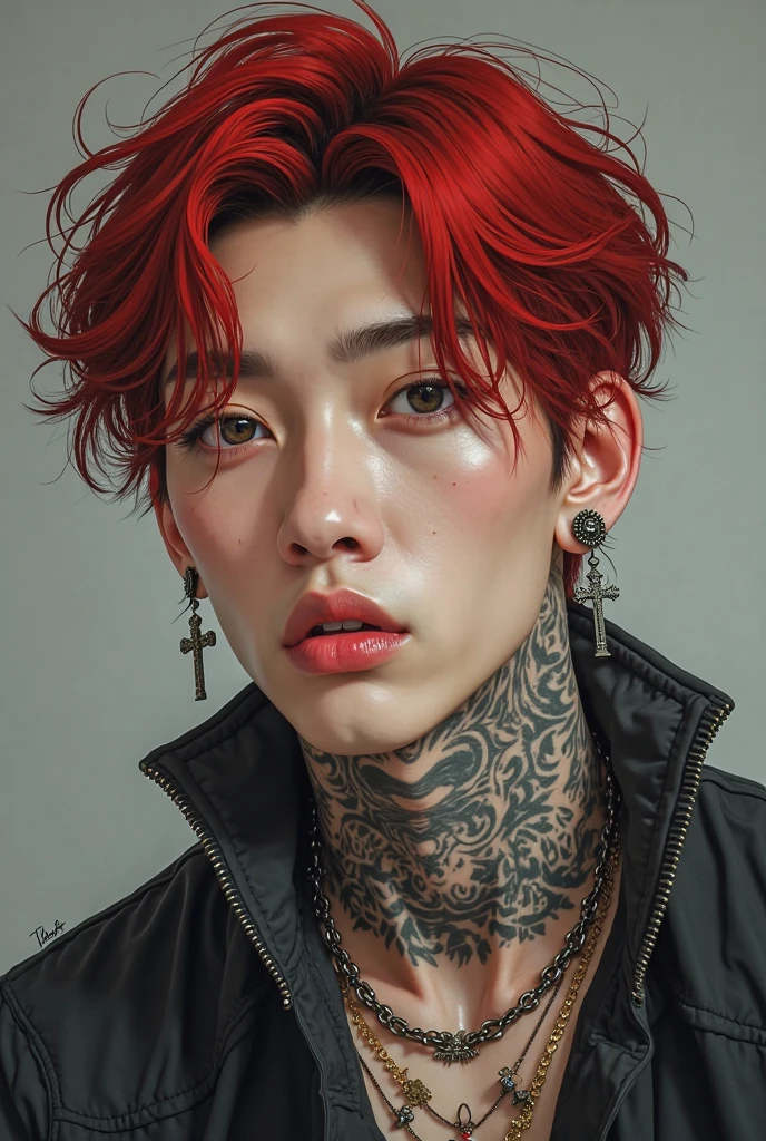 realistic features young korean male with red hair, naked body and scars