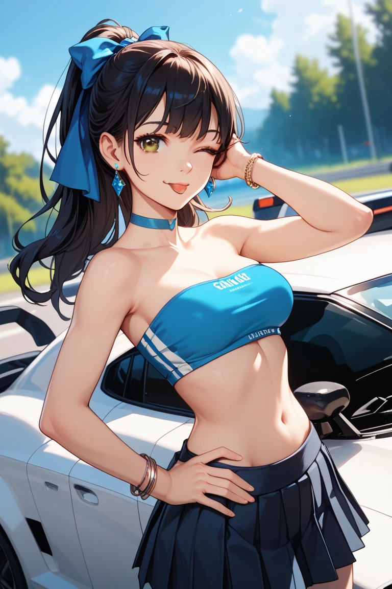 uma mulher de 20 anos、wet dress、large full breasts、Biomechanical OPPAI, opal proportions, shy smile、 Knee socks, adult woman, (when in the sheaths:1.3), Long wavy hair、dark brown hair, a miniskirt, (shiny skins), eyes browns, Kamimei、Long wavy hair、swollen、up skirt、Swollen hips、Large earrings、a necklace、 (participate in a motorsport race)+, sexy hips、Kamimei、Chest opening、Chest Emphasis Pose、panties pink、Pink lace bra