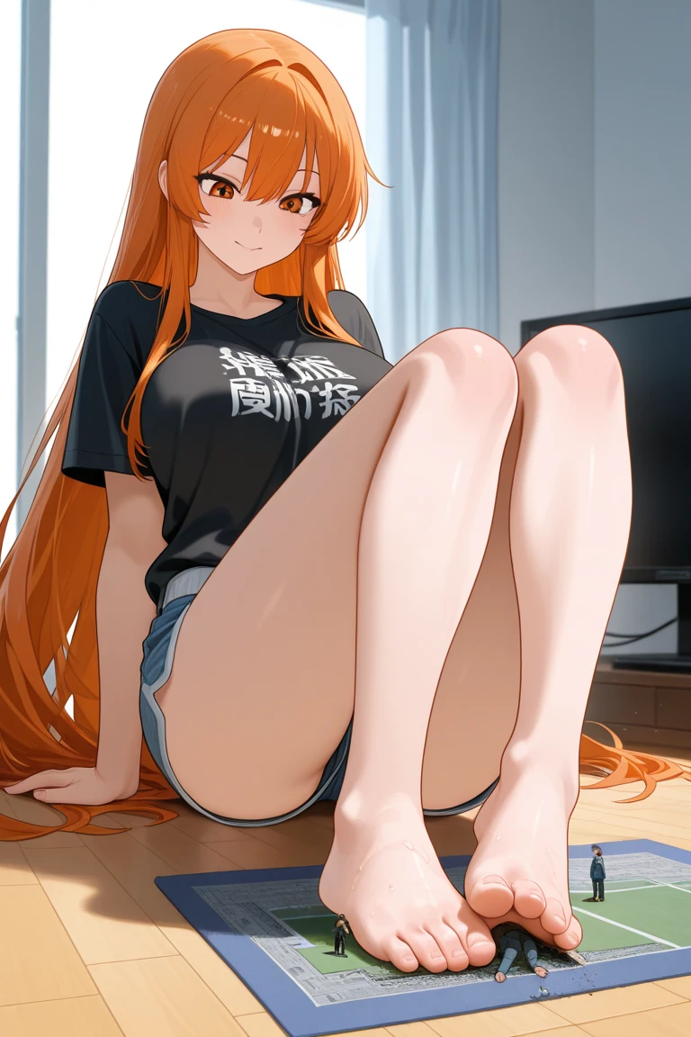 highest quality、All limbs、full finger、orange hair woman、Slender beauty、1 female、(((A woman wearing an orange high neck leotard))), bare hands、barefoot、big smile、office、officeデスク、officeチェアに座っている女性、A woman is operating a computer