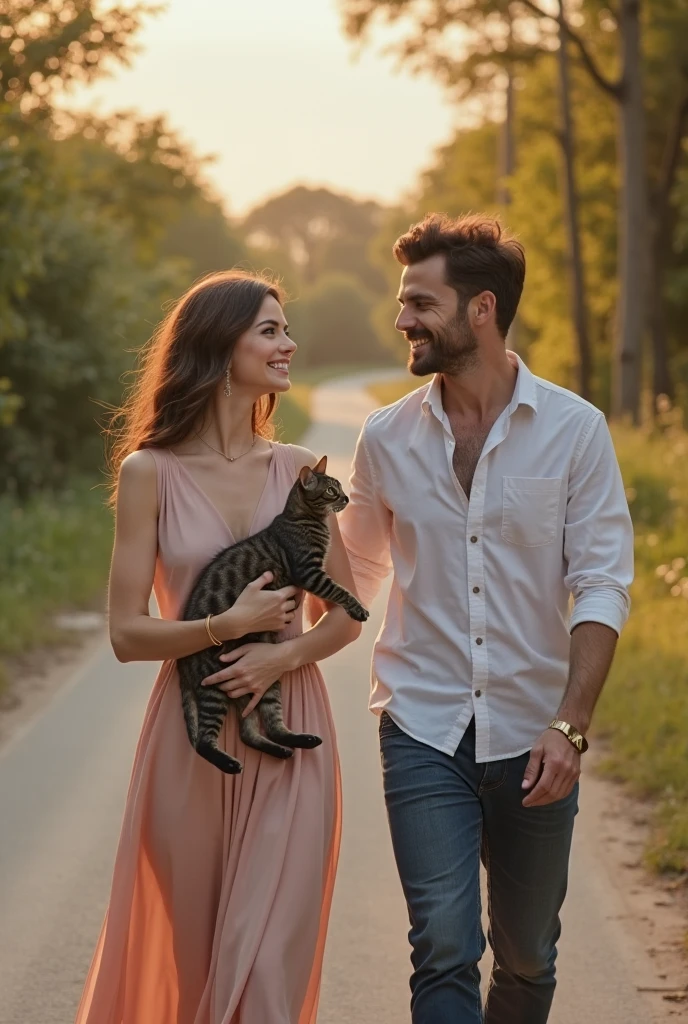 A couple playing with a cat under the sunlight