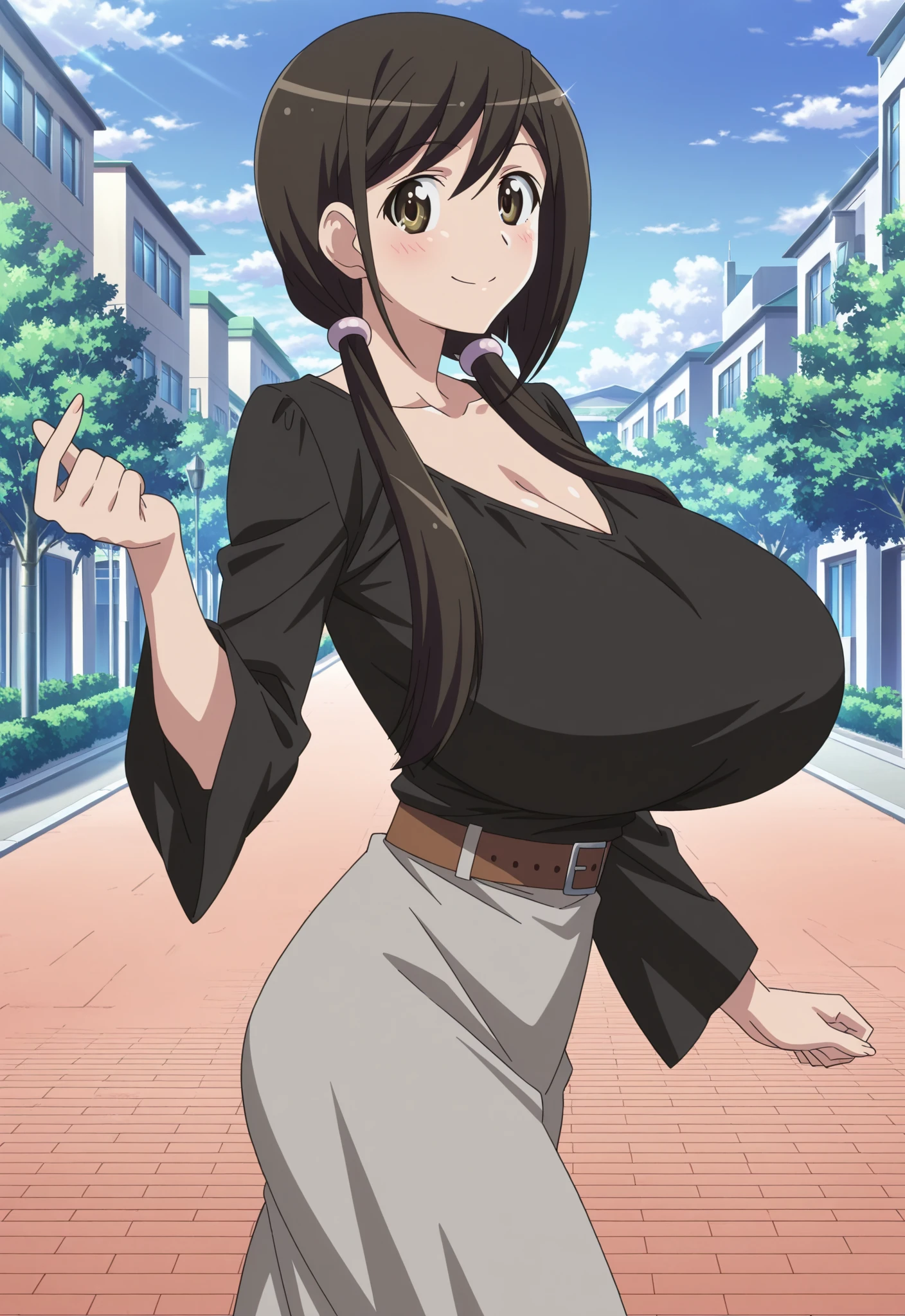 (hightquality、high-level image quality、masutepiece、4K,8K:1.1,Best Quality, hight resolution:1.5,4K,8K), 1girl in,(Dining Shed々,Railroad Wars!,maturefemale,,Brown hair,Brown eyes:1),(poneyTail),(Black tank top:1.4),(Camouflage pants:1.4)、(huge-breasted:1.4), (The bikini:1.2), (dense woods:1.3), (winc:1.2),Cowboy Shot、(Laugh:1.2),5FINGERS,Perfect ???????