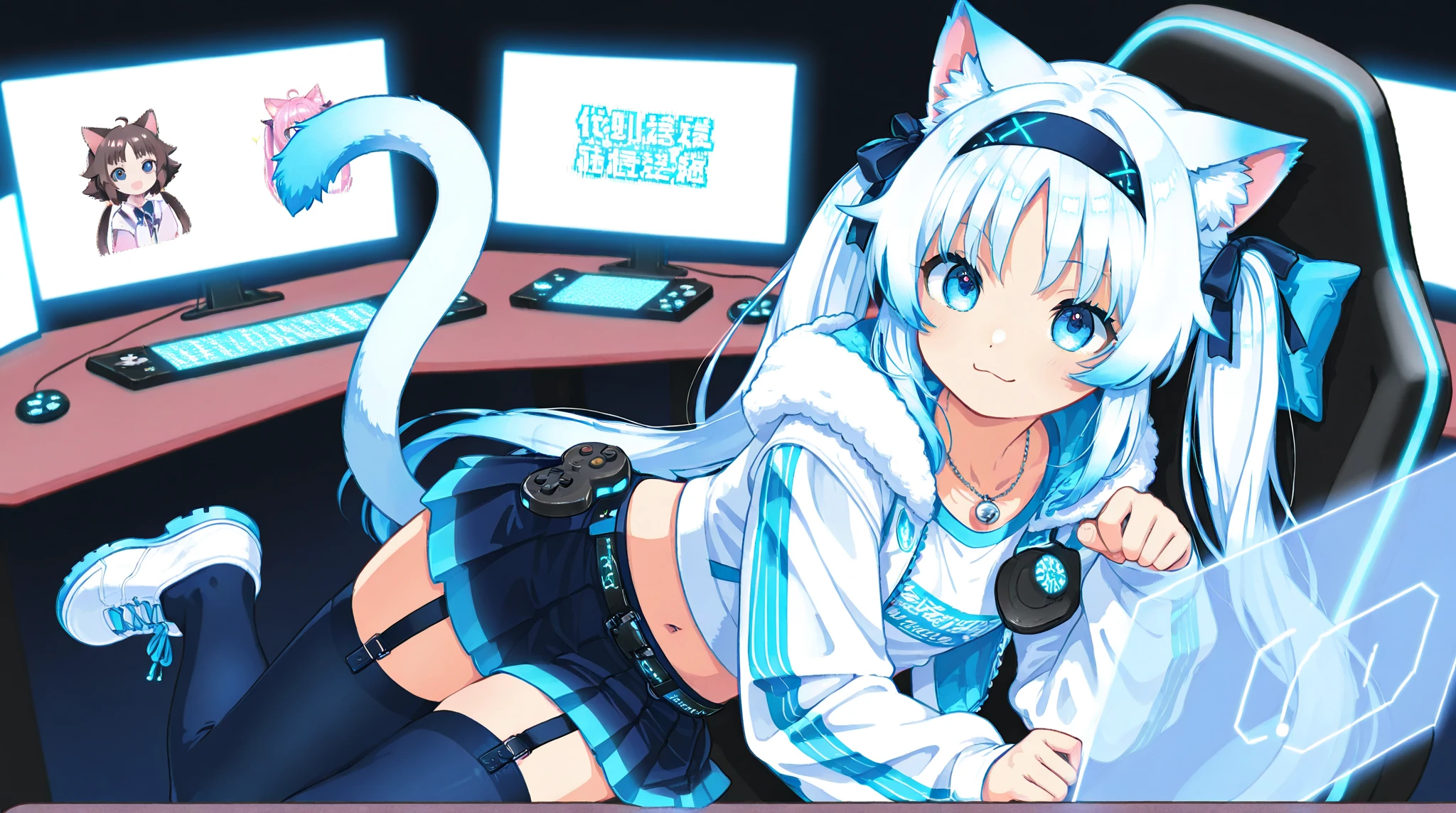 1 beautiful girl, great image quality ,nekomimi, with lots of detail, ray tracing, in a gaming,outfit hoodie, short pleated mini skirt, gamer, long stockings, blue eyes, blue hair long, , in a neon room, PC gaming, perfect anatomy,