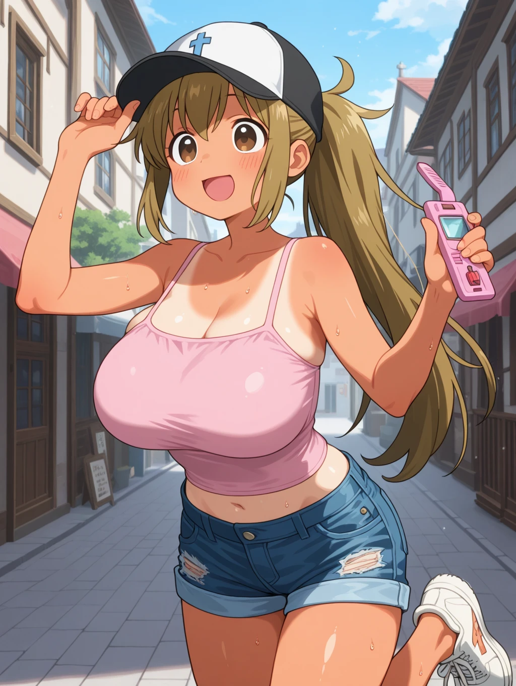 (( 1girl in)), NSFW、blush,(well-muscled)、Brown skin、Golden hair、the eyes are blue、double tooth、((big butts))、(((thick thighs)))、Sweat、:D、Long hair、((Unkempt hair))、blues kajan、Light blue striped bra、(Light blue striped panties)、In the street、