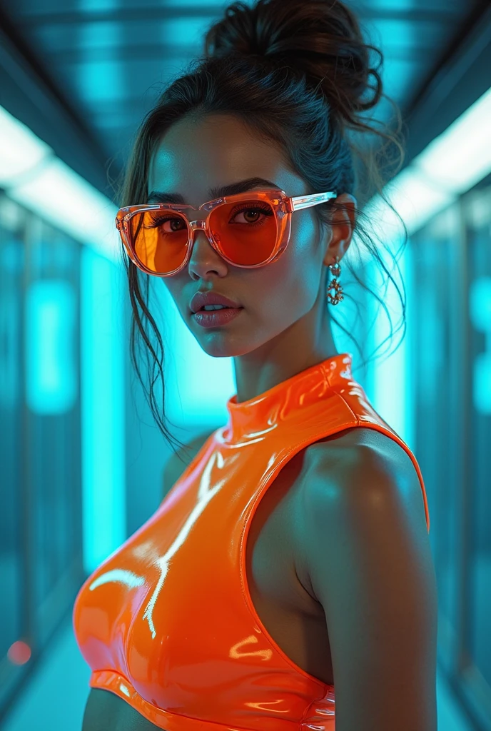 (8k, RAW photo, best quality, masterpiece:1.2), (realistic, photo-realistic:1.37) a woman wearing orange sunglasses and a black leather jacket, (((perfect anatomy))), voluptuous body, wearing orange sunglasses, orange sunglasses, futuristic sunglasses, fashionable futuristic woman, futuristic glasses lenses, retro futuristic fashion, orange skin, black and orange, retro futuristic style, photography alexey gurylev, futuristic look, orange and black tones, futuristic woman portrait, velma, orange neon, vibrant orange, 