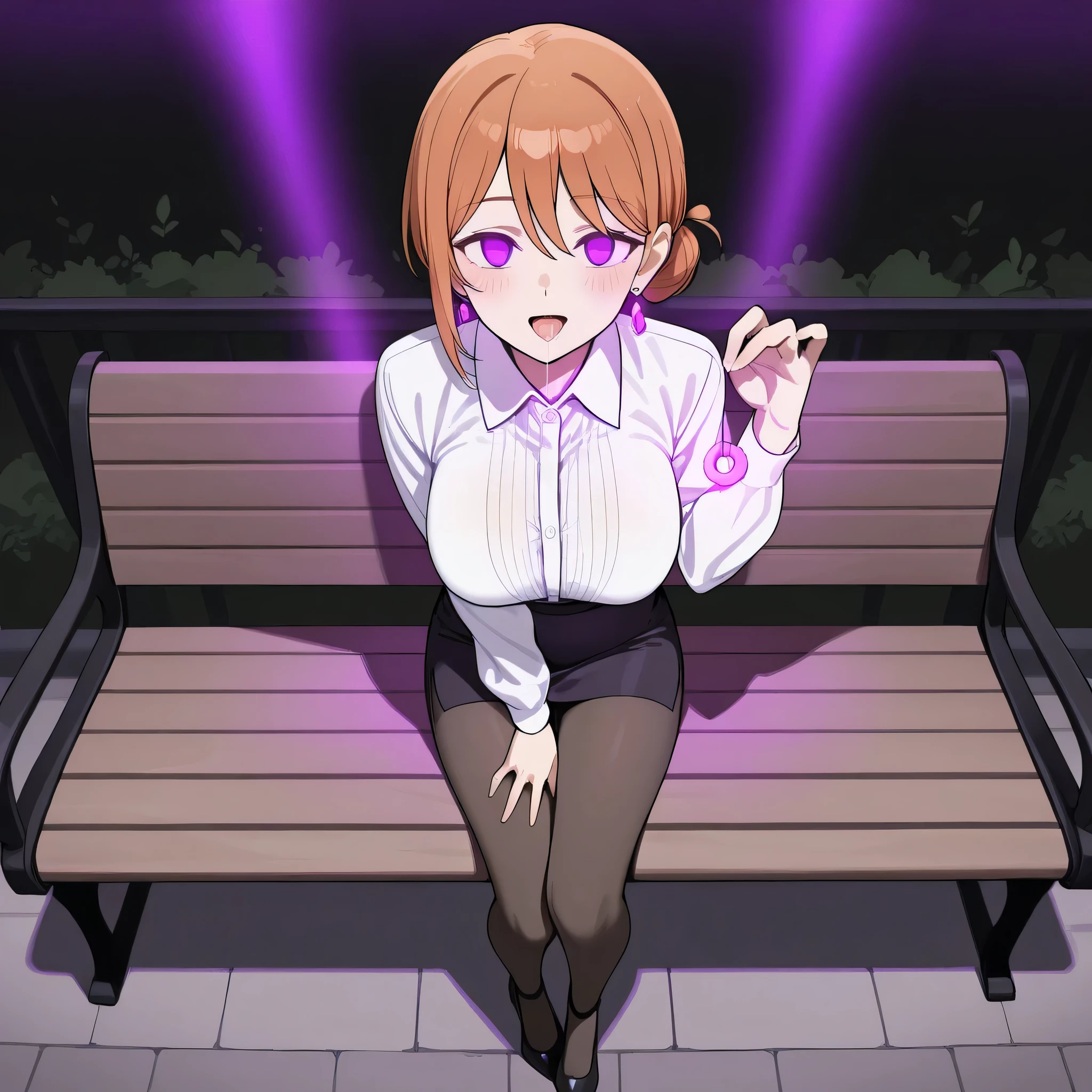 score_9, score_8_up, score_7_up, 1girl, solo, (top quality, 8k), high resolution, smooth, best quality, highly detailed, looking at viewer, in a park, purple light, (dark), ((from front)), large breasts, glowing hypnotic waves in the background, at night, ((perfect hands)), beautiful hands, ((slim fingers)), expressionless, masterpiece, high quality, absurd resolution, beautiful hands, arm raised up, holding pendulum, hypnotizing viewer, smiling, blush, smiling, drool, saliva trail, hypnotic eyes, glowing purple eyes, empty eyes, slave, chains, impossible clothing, tit curtain, black pantyhose, perky breasts, high heels, being hypnotized, full body shot, standing, begging forward, holding pendulum, jewelry, earrings, Yuigahama's mom, brown hair, low hair bun, very thin legs, long legs, sitting in a bench, crossed legs