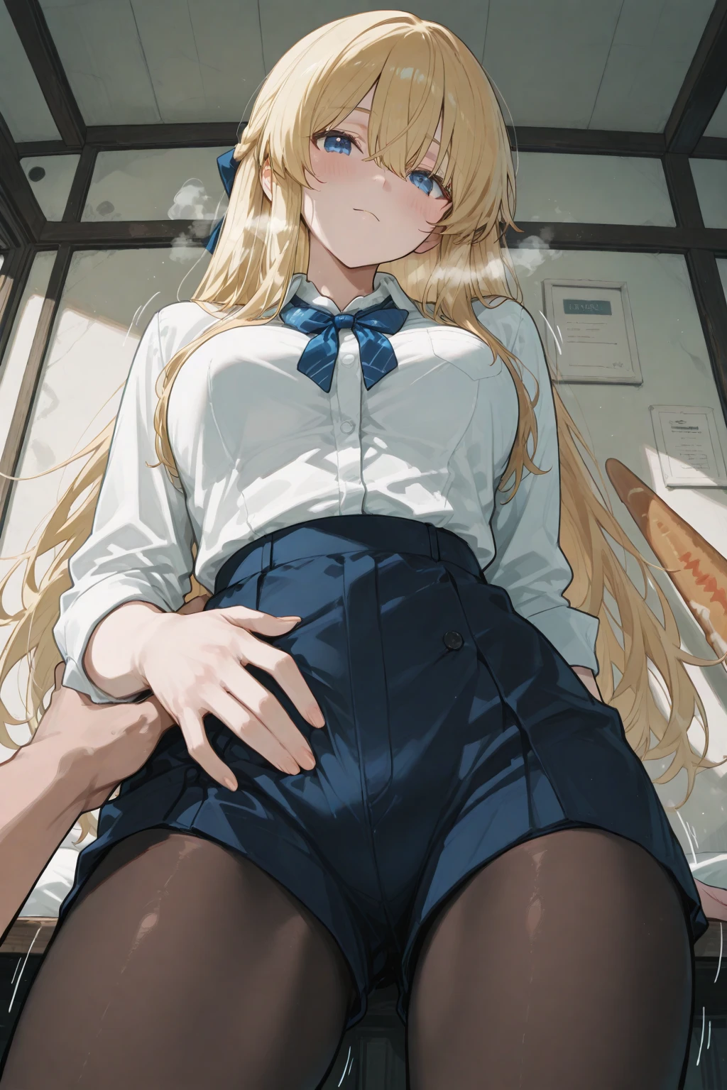 (Highest quality), (masterpiece), highly detailed, Mature Woman, She was wearing tight white long gloves, white garter stockings, a white short-sleeved shirt, and a yellow knit vest, and her grey pleated skirt was flipped up. She spread her legs on the bed, shifted her silk panties to the side, and inserted my penis into her while she was sleeping and had sex with me. I inserted my penis into her and violently inseminated her., whole body, Eyes that are evenly shaped, She has a full head of pubic hair, Beautiful Vagina, White semen is spilling out from the gap between her vagina and my penis inserted in her vagina., Blonde, Long Hair, Smaller breasts, A small cross-section of a uterus with a penis expelling semen in the background, Sleeping with both eyes closed,