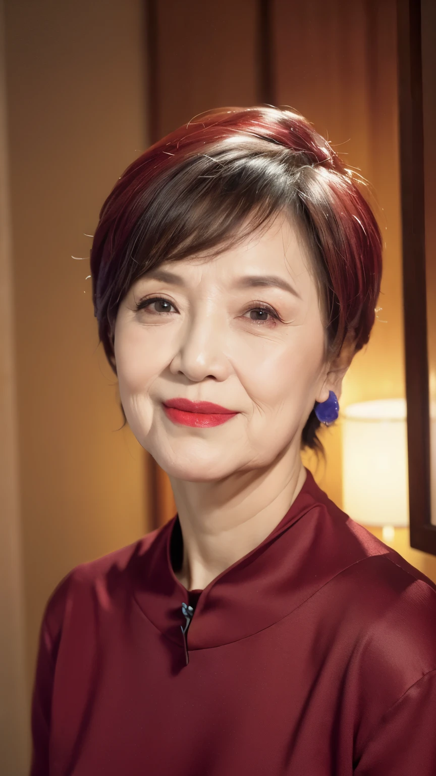 red chinese dress, 1 girl, Alone, black fur, short hair, Upper part of the body, SMILE, parasol, mature woman,