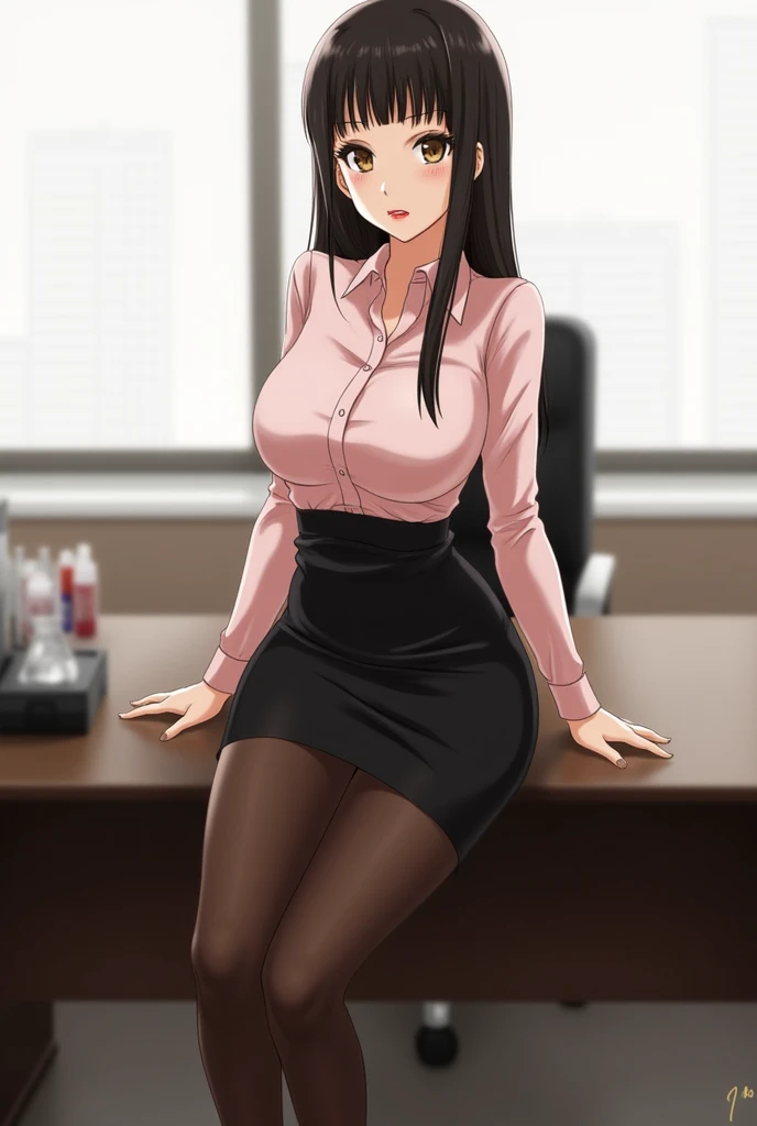 masterpiece, best quality, detailed face, detailed eyes, HUVictoria, brown hair, mini skirt, office lady, standing, pencil skirt, dress shirt, button gap in toilet, low ponytail, long hair, brown eyes, bra visible through clothes, pantyhose, 1 girl, (sweaty blush, big breasts, biting a condom, holding a condom, ?????? on the chest, sitting on the ground, money on the ground))