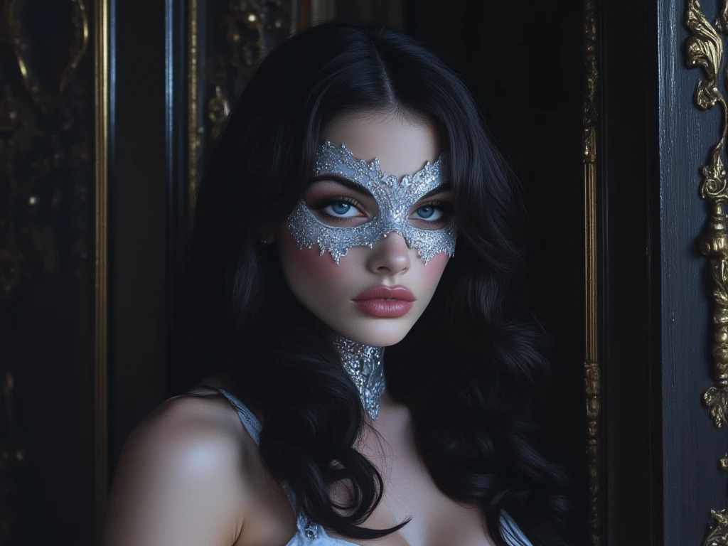 Photo of a sexy, slim party girl, ((Portrait)), ((Detailed face:1.2)), ((black hair: extra long and curly)), ((detailed facial features)), (smooth and radiant skin), ((Cold color: black and silver)), ((moist and shimmering environment)), Reflectors, ((masquerade ball)) ((perfectly proportions)), (photographed in a Canon EOS R6, 35mm Lens, F/1.8, nffsw, (8K) (Wallpaper) (Cinematic lighting) (Dramatic Lighting) (foco nítido) (Convoluted) Fashion, From