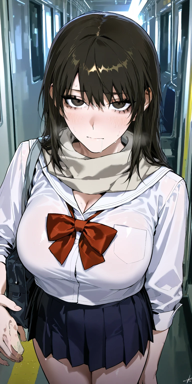 best quality, masterpiece, 1 girl, upper body, (silhouette lighting;1.4), (babyface:1.4), sobbing, (drooling:1.4), (long hair with bangs:1.3), white and pink bikini with jacket, backpack, (small breast, cleavage, underboobs:1.3), (tokyo metro station:1.2)
