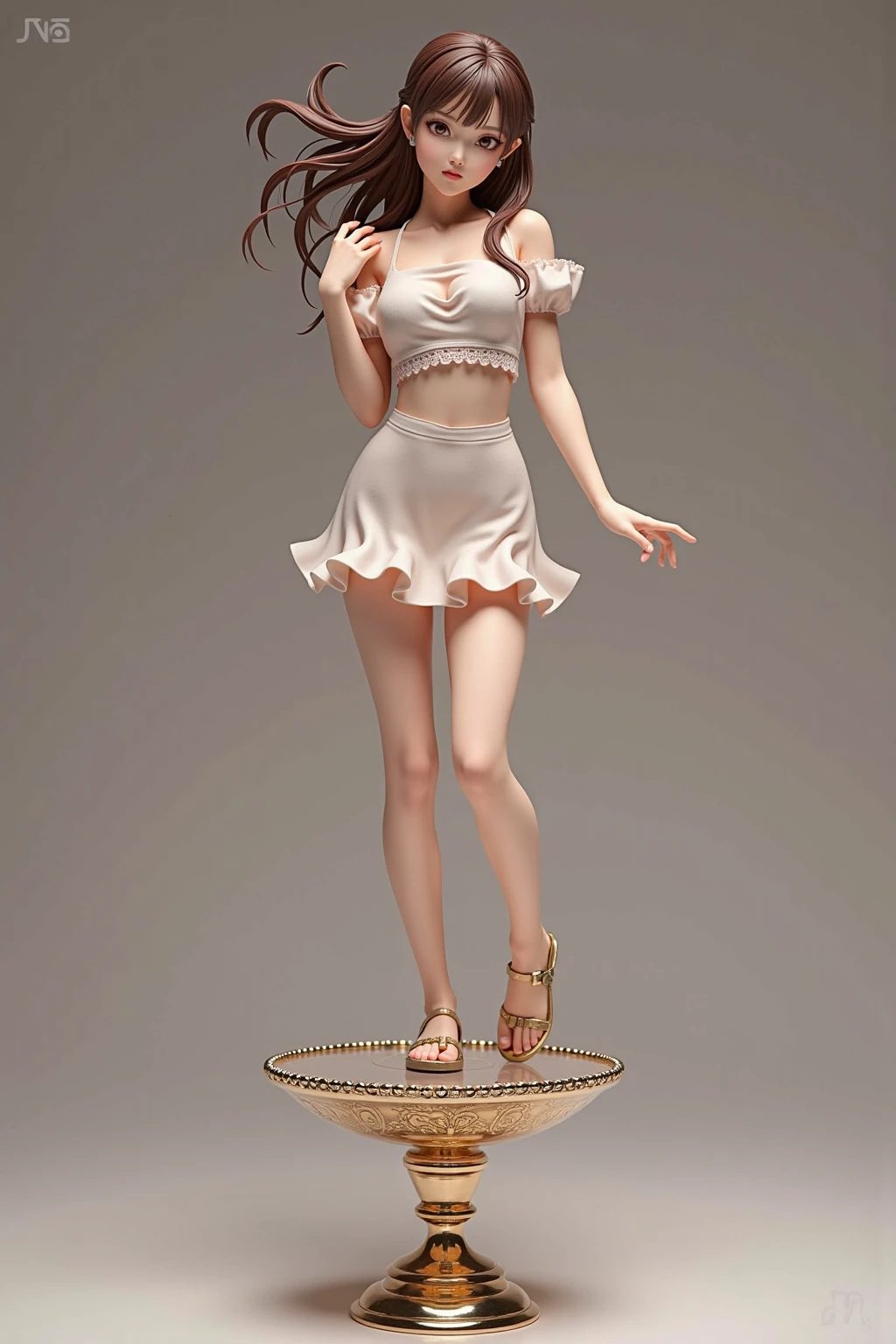 highest quality, masterpiece, One Girl, alone, Long Hair,, Knee socks, Expose your shoulders, jewelry, Sleeveless, White Dress, Blue Skirt, gloves, smile, Soft lighting, whole body, Wide Hips, Mid-chest、Place your fist under your chin((Cute pose))、Duck mouth