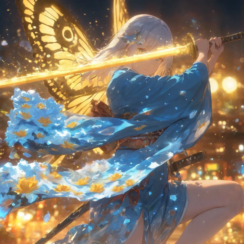 High-quality snow crystals, blooming ice flowers, wild dance, sword drawing, beautiful kimono woman fighting with shining sword, sheath, fierce battle scene, large enemies, one knee, cowboy shot, epic light, beautiful background, reflecting, moonlight butterfly, 4K, 8K, high resolution, masterpiece, ultra-detail, HDR, UHD, studio light, ultra-fine painting, clear focus, physics-based rendering, extreme detailed depiction, professional, vivid colors, bokeh