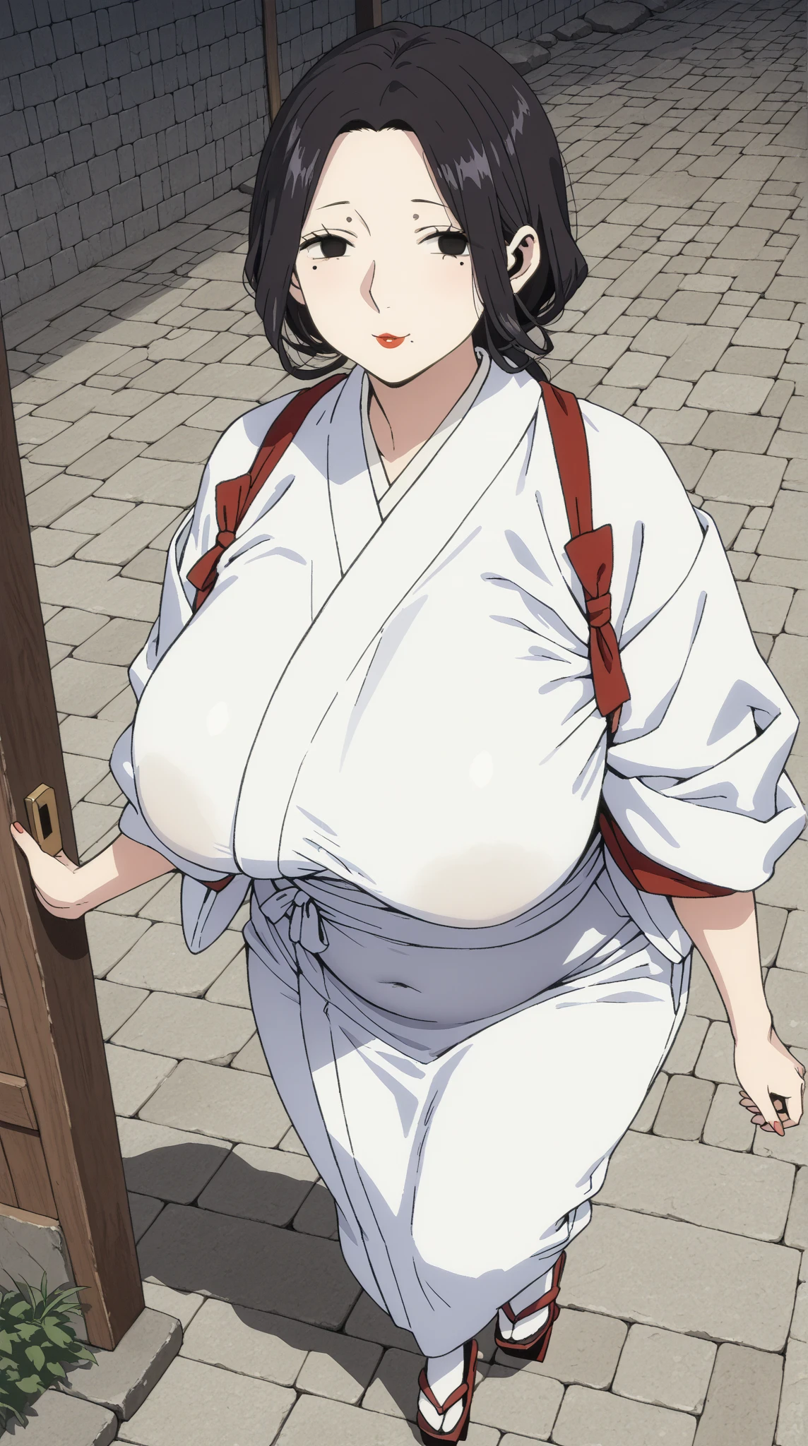 anime screencap, masterpiece, best quality, high resolution, 2d, anime cels, best quality, high resolution, 1girl, Girl in Priestess Uniform, Kasumi Iwato, japanese clothes, (huge breasts:1.6), blush, smile, looking at viewer