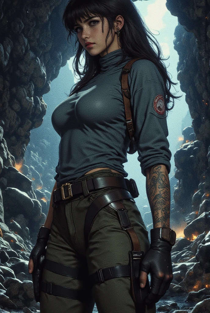 Photo of a fearless female firefighter in her full firefighting gear, standing confidently in a dark and treacherous cave, wearing a sturdy firefighter suit, rugged rock formations. open suit, cleavage, sweaty, wet clothes, sexy, smoke