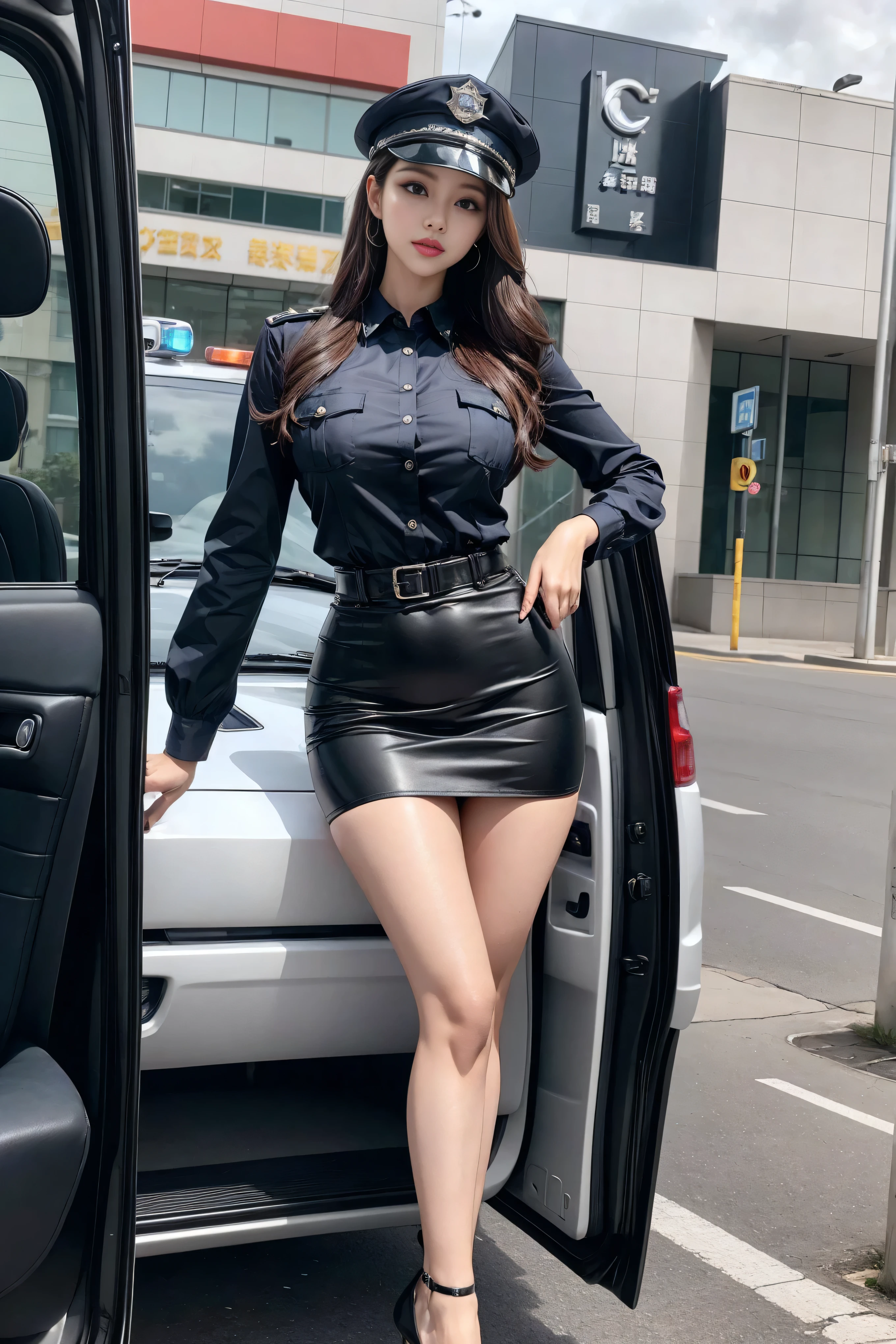 Highest image quality，Outstanding details，Ultra-high resolution，Future，She is wearing a futuristic uniform，Short skirt，She stood in front of the police car，sturdy body，Sexy and powerful，Detailed abs，Delicate muscle lines，dynamic poses，night，Future city street background，Neon，Technology，future technology，Very detailed cyberpunk style，Cyberpunk characters，Highly skilled police，Very detailed police hat，badge，Wearing a police hat，Highly detailed guns，Future，Intercom，Wireless Devices，Detailed handcuffs，Highly sophisticated police equipment，Highly detailed police car，Future police car，front，Full body image，Looking from the bottom up，Looking from the bottom up, Look at the audience，mechanical