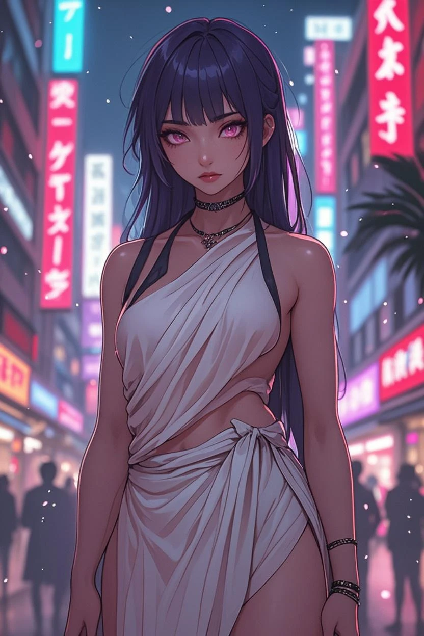 Goddess ((goddess-like woman)), slim elegant silhouette, masterpiece, (close angle), best quality, pale skin, fair skin, attractive face, (masterpiece:1,2, best quality), (real picture, intricate details), (1 lady , solo, medium , slim waistline, ),PURPLE HAIR, bangs, big Eyes, Ghost Eyes, darkpink eyes, she has an impressive presence., bracelet, hoop earrings, beautiful face, beautiful eyes, she looks at the viewer, She wears a striped long dress, long dress, boots, she is wearing earrings, necklace, many different bracelets, background:night city, party mile, standing in front of a dance club,