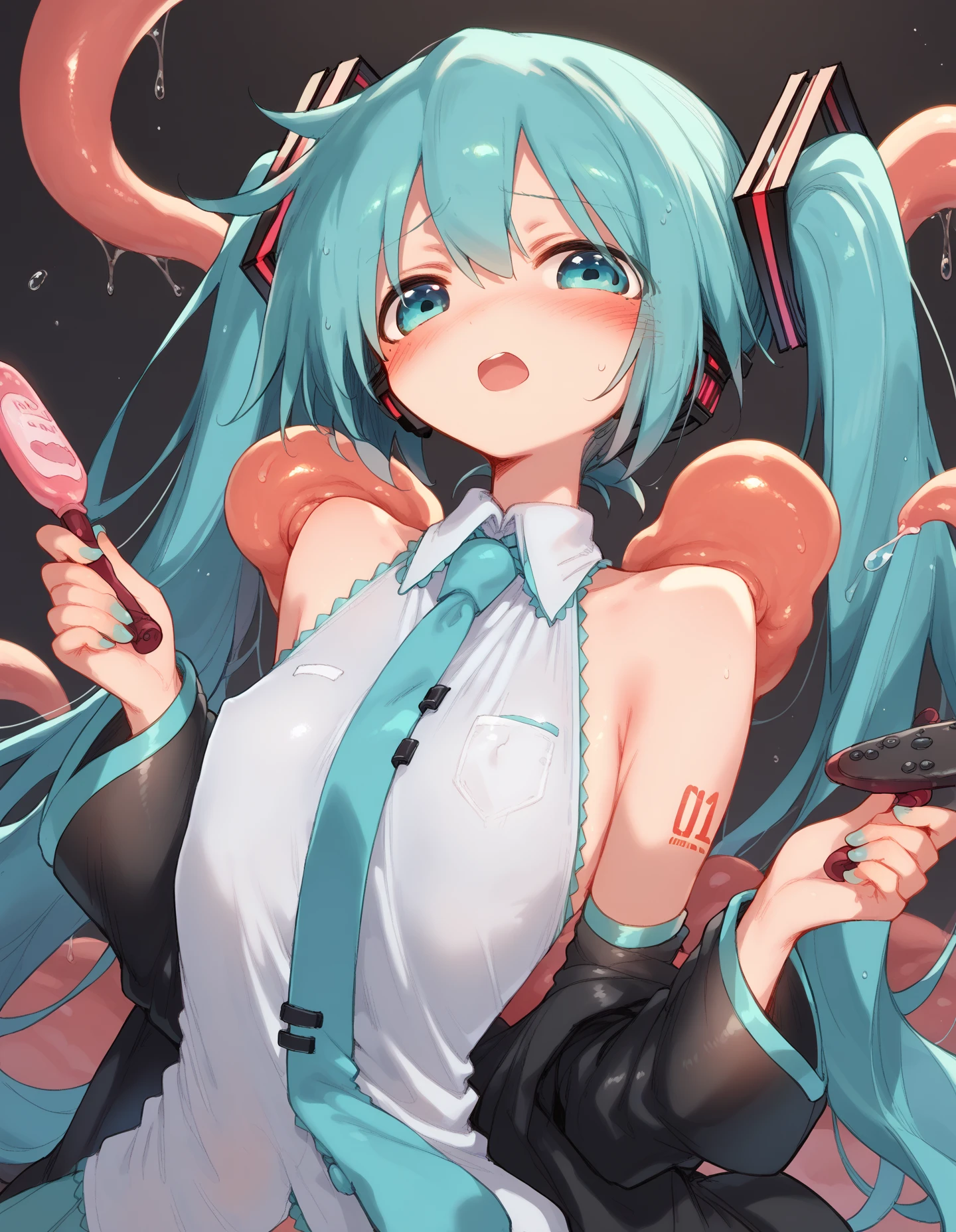 masterpiece、Highest quality、8k、Noise Reduction、Hatsune Miku Vocaloid、Twin tails、Light blue hair、Bright Blue Eyes、Beautiful body、Big Breasts、Completely naked、black tights、((Embarrassed face))、{{{Tentacles wrap around limbs}}}、((Violated by tentacles))