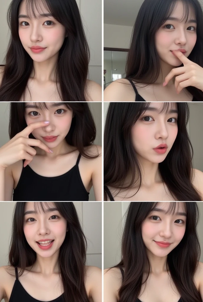 arafed image of a woman with different facial expressions, korean face features, young adorable korean face, korean symmetrical face, beautiful aesthetic face, 8k selfie photograph, wan adorable korean face, soft round face, pretty face features, soft eyes and narrow chin, with round face, soft makeup, neutral face, popular south korean makeup, soft face features