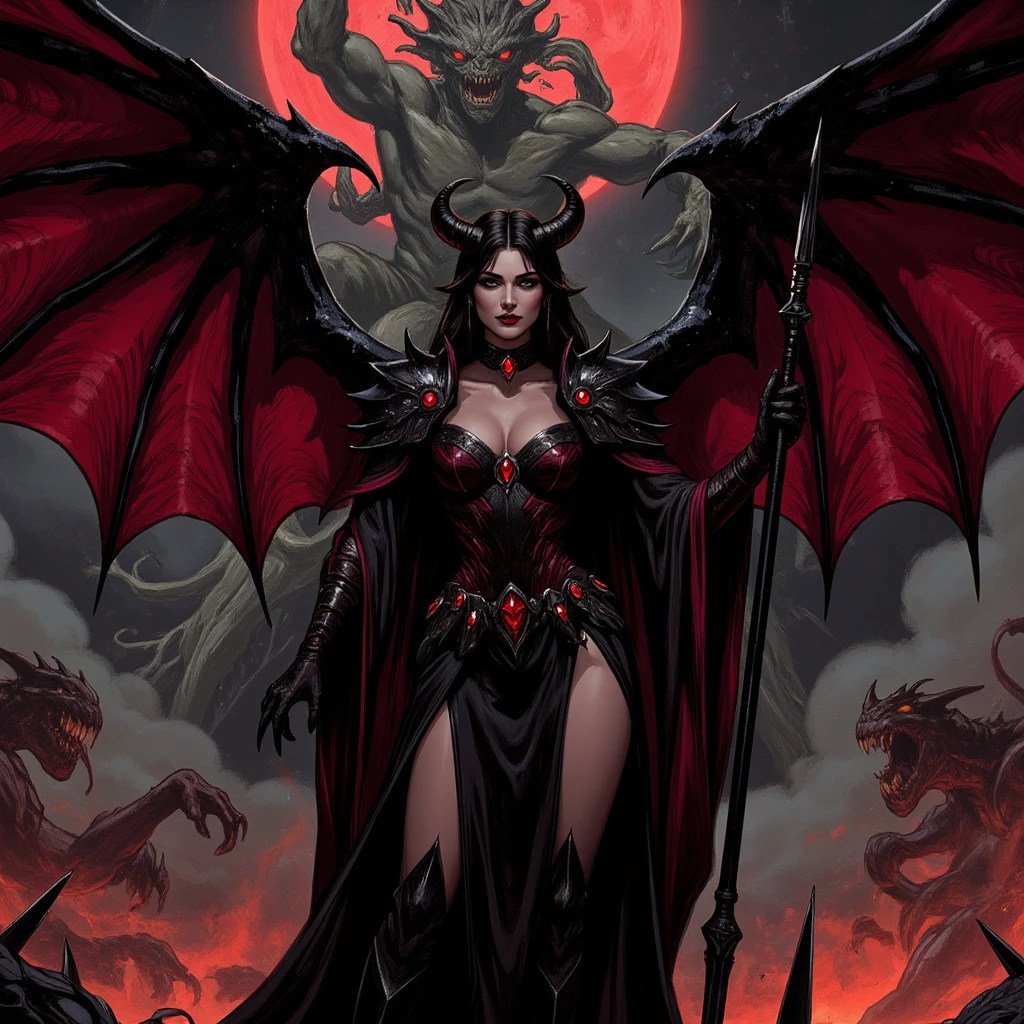 beautifully detailed colored pencil sketch by frank miller and brom, vibrant colors, horrific demon queen rising from the fire,( surrounded by demons in hell:1.2), (detailed monstrous evil beastly angry hate filled face:0.6), she is wearing spiky armor and a corset, screaming, (wide spread bat like wings:1.2), red scaly skin, long curved horns, burning hellish landscape, barren, billowing smoke, tortured souls, coloring pencil Drawing, high contract