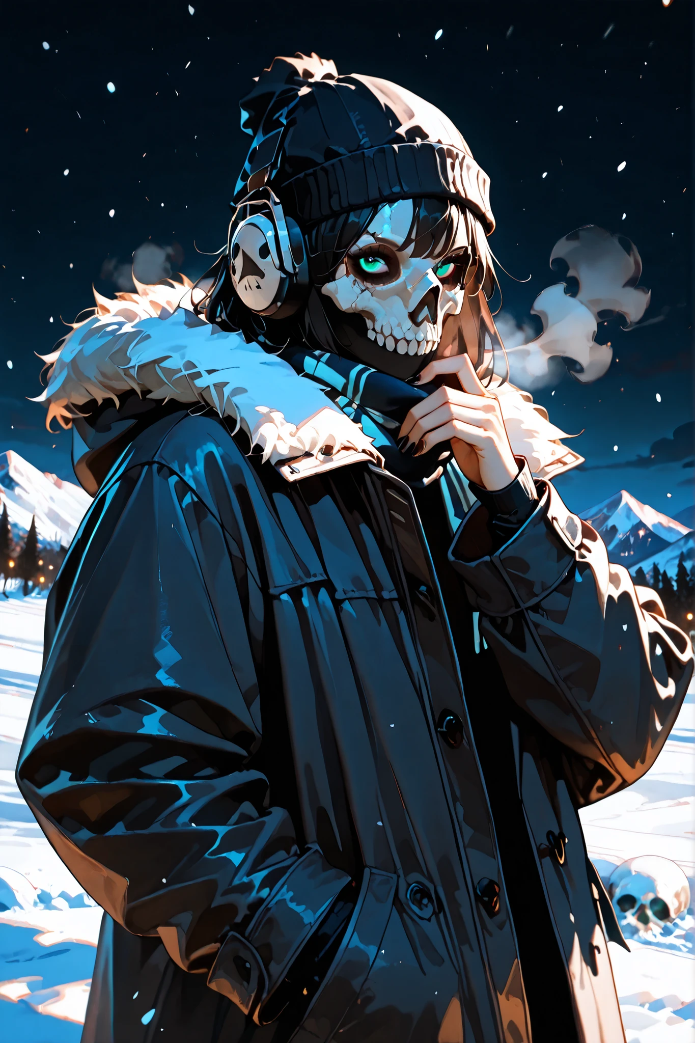 (SuperQuality:1.0) ~ (SuperQuality:1.2), detailxl, girl, Solo, High Resolution, Best Quality, High Details, Super Detailed, mountain, (simon_riley), ((skull_mask)), fur coat, scarf, gloves, short hair, black hair, long nails, black nails, looking at viewer, snow, night, beautiful eyes, breath, dark sky, beanie, wind headphones, 