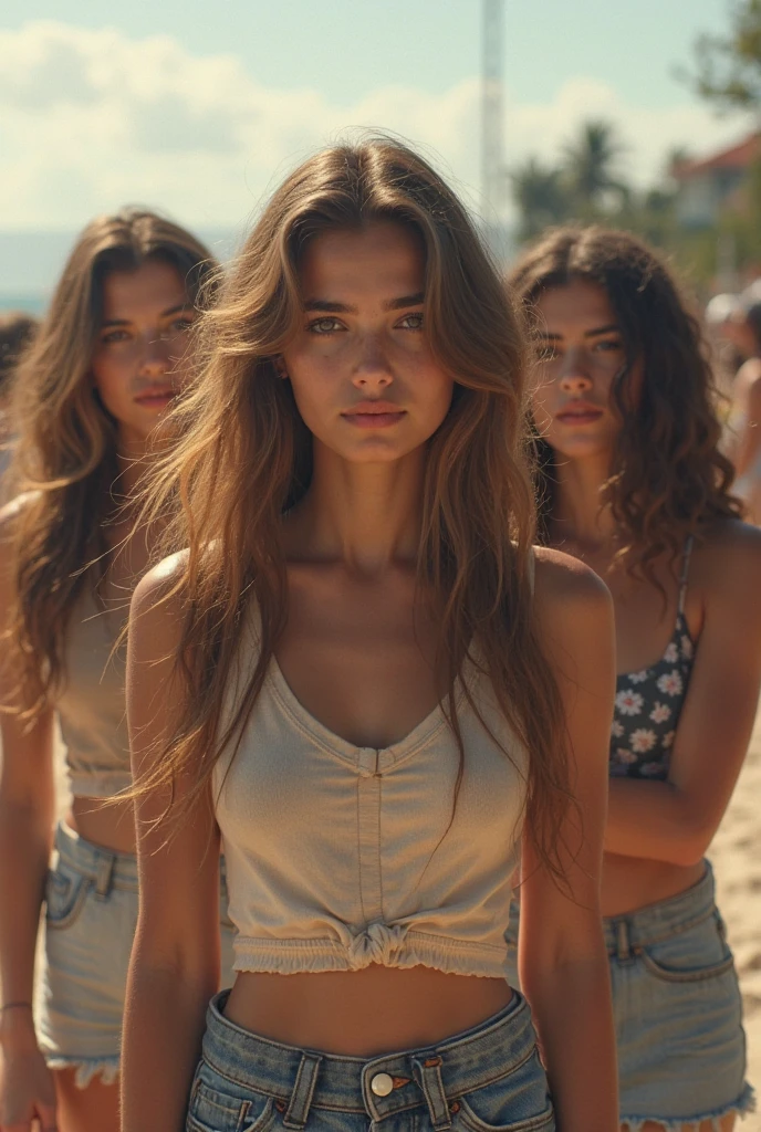 Photo of a teenage girl in skater fashion and her male and female friends. Everyone is wearing a tank top. Like a scene from a movie