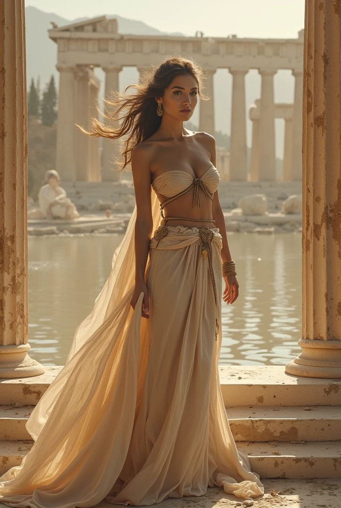 (Full body:1.5) (1girl in:1.3), (view the viewer:1.4), (anatomy correct:1.4), (Long legs:1.3), (extremely detailed eyes and face 1.3) (RAW photo, nikon, 8k, Super detailed, advanced details, intricate details, Super detailed, realistic lighting), (award winning photo) hyper HD, award-winning, Face lighting, masterpiece, absurdres, award winning photo, extremely detailed, amazing, fine detail, (anatomically correct, High precision human body, highly detailed face, realistic skin, (photo-realistic) Ray tracing, reflective light, Structurally correct, golden ratio, golden mean Background: High contrast lighting, in the ruins of a greek temple, ancient ruins, ruins on an island, with the ocean in the background style: greek goddess statue, Aphrodite, fine nude, artistic composition, sophisticated, erotic nude, . In the style of a greek goddess. siren, seductress. greek godess in a sheer scraps of silk flowing revealing her body, see through. (wearing sheer see through very very very thin silk robe that shows the colour of her tanned skin through the very very thin fabric, waering golden jewellery on her arms and neck and wrists and fingers) by lee jeffries nikon d850 film stock photograph 4 kodak portra 400 camera f1.6 lens, rich colors, hyper realistic, lifelike texture, dramatic lighting, cinestill 800 tungsten, beautiful woman , A portrait of a beautiful half-asian, mixed asian-european, bronze skin, woman with hair in black curls and coils, and grey eyes